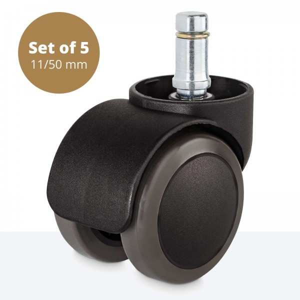 Hartbodenrollen mit Anschlusskappe – 11mm Ø Stift und 50mm Ø Rolle im 5er-Set