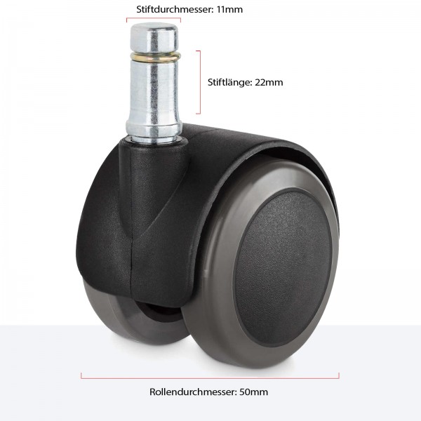 Hartbodenrollen 11mm Stift und 50mm Rollendurchmesser